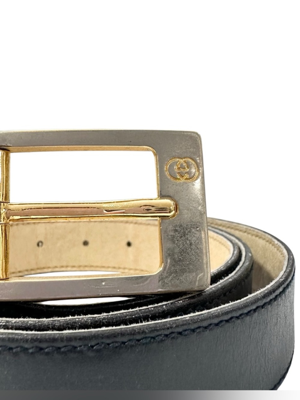 Gucci Black Leather & Silver Gold Engraved GG Belt - Picture 13 of 14